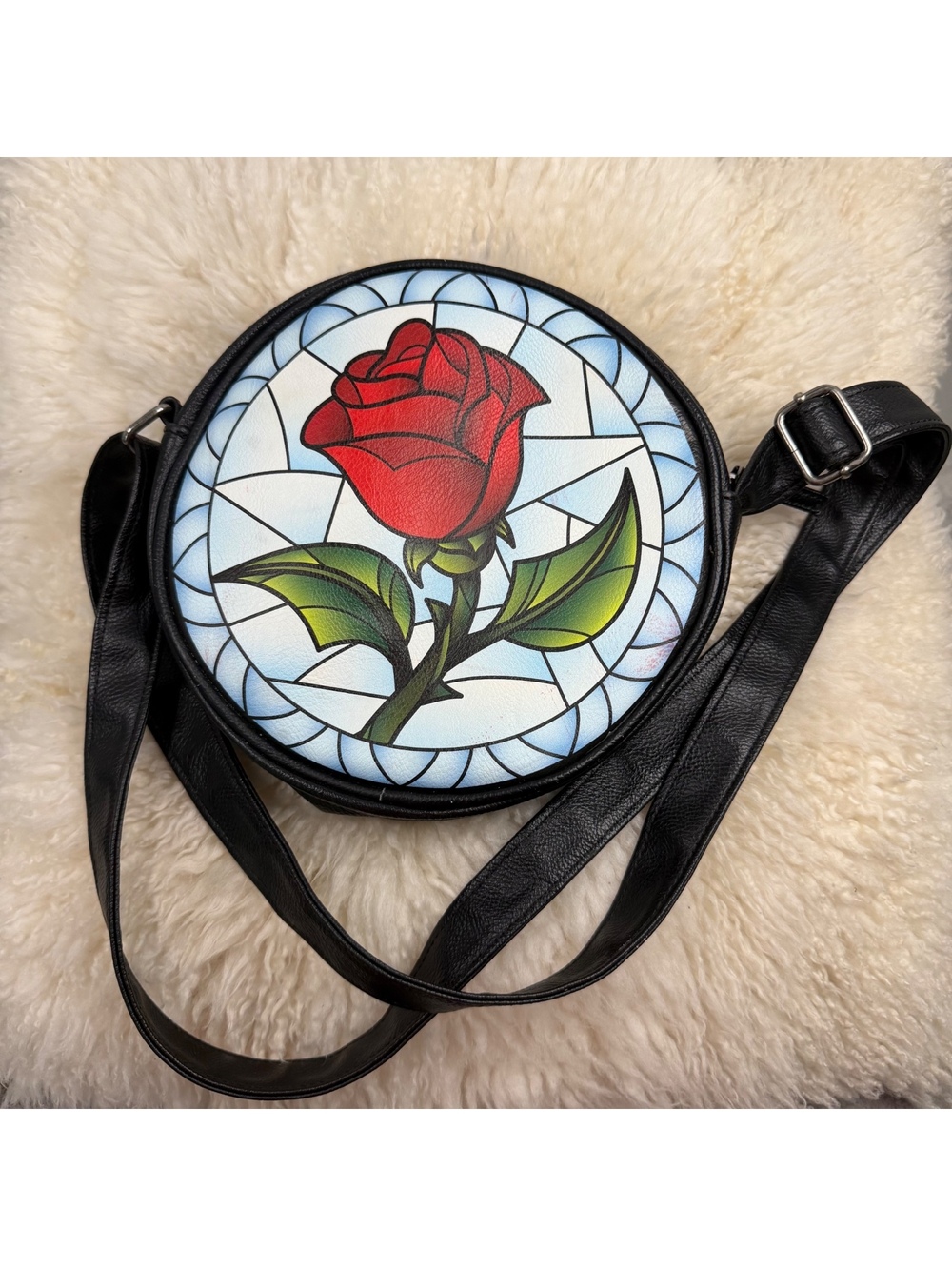 Loungefly Disney Beauty and the Beast Rose Stained Glass Round Crossbody Bag